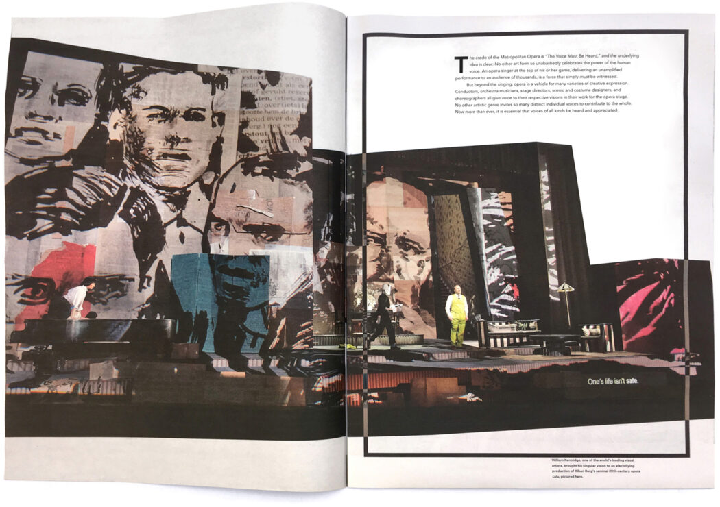 A spread from the recruitment piece for Met Opera showing a man on stage with the William Kentridge set design