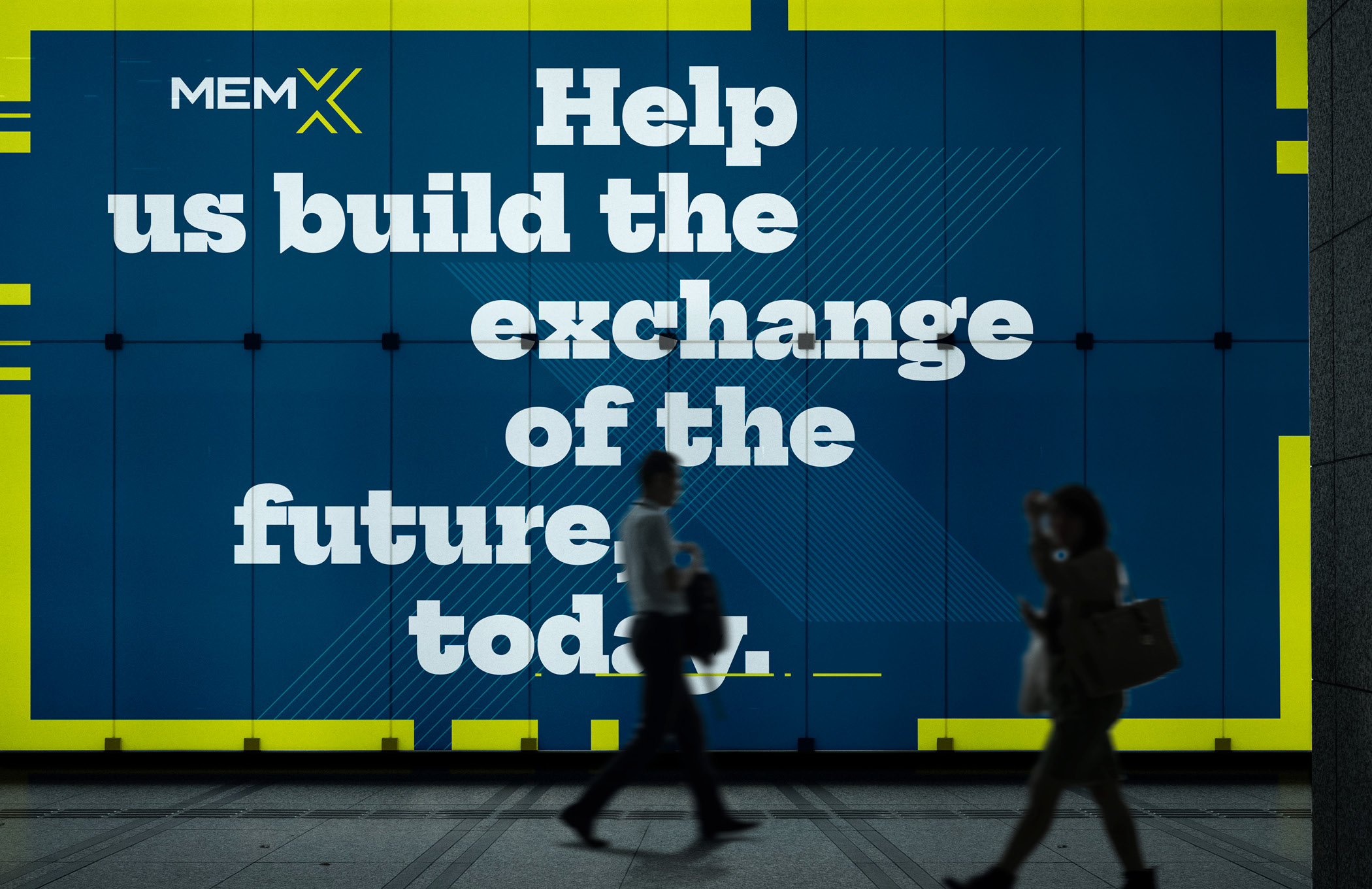 Illuminated sign with the message "Help us build the exchange of the future today."