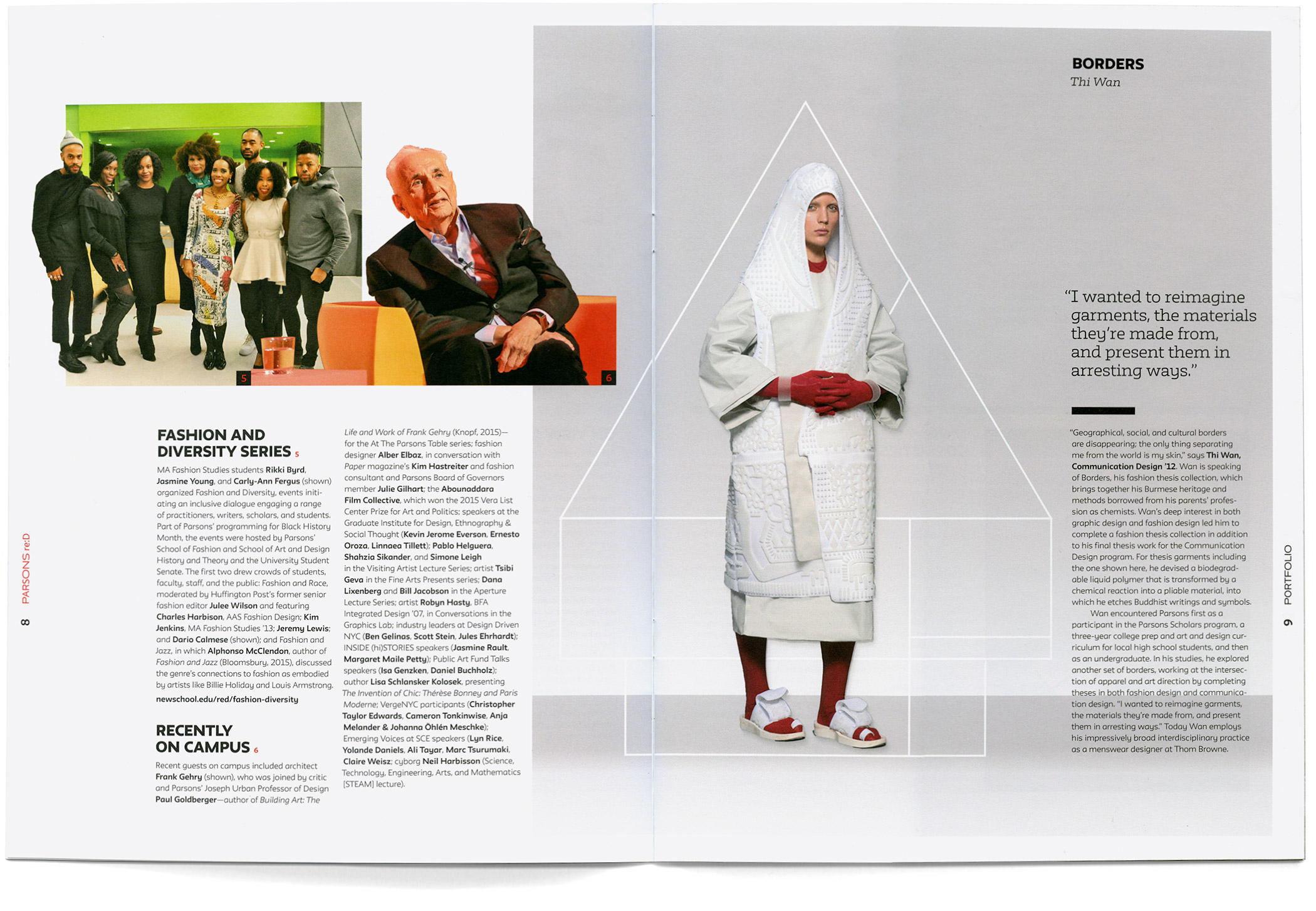 Spread from ReD Magazine showing small photos of Frank Gehry and various students