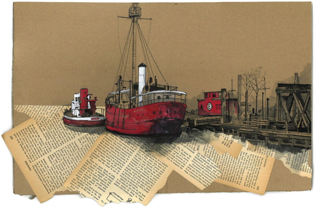 Mixed-media drawing of ships on the Hudson River