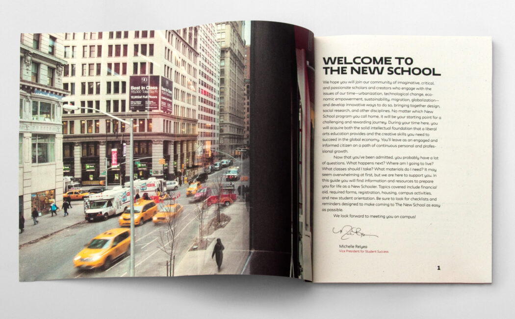 Gatefold spread from Student Enrollment Guide with photo of 5th Avenue in New York