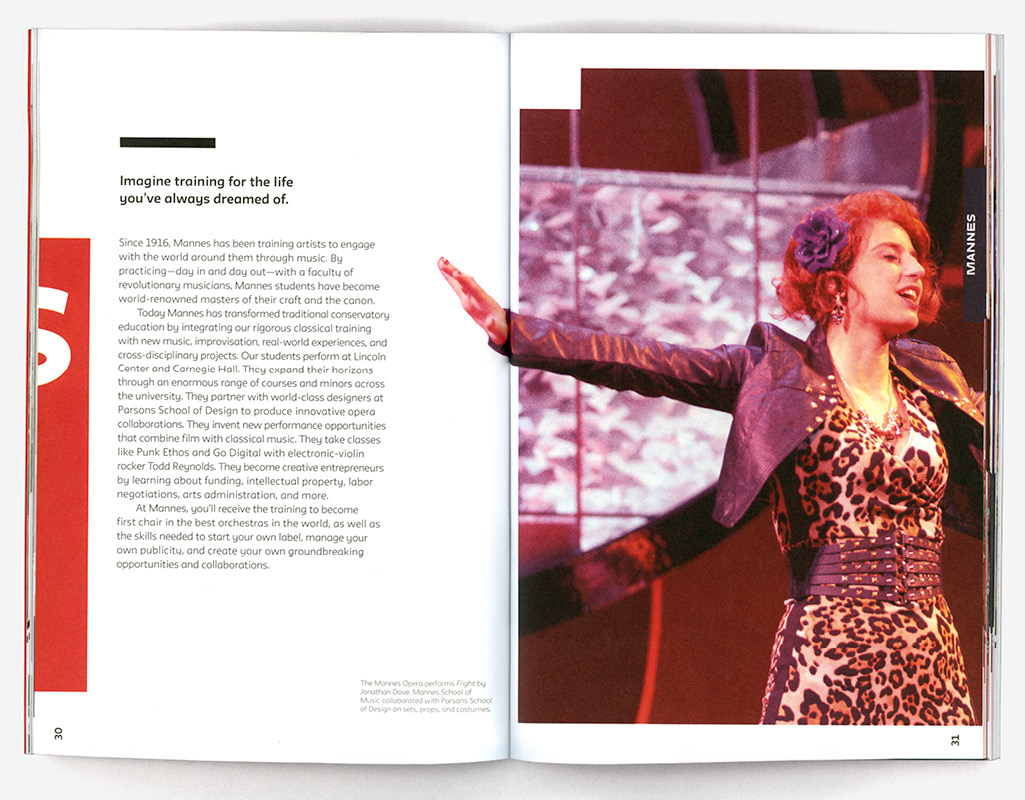 Spread from brochure with image of a performer on stage