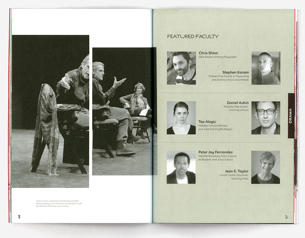 Spread showing New School faculty and Jeremy Irons in conversation